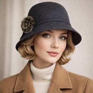 Magid Hats Wool Cloche Hat Gray Faux Fur Flower Vintage Style Winter